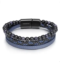 Armband Heren - Blauw Leer Met Zwarte Kralen