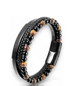 Armband Heren - Zwart Leer Met Bruine Kralen