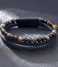 Armband Heren - Zwart Leer Met Bruine Kralen