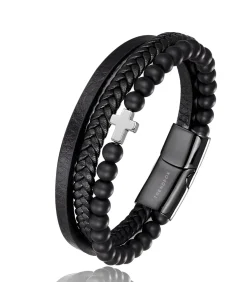Armband Heren - Zwart Leer met Zwarte Kralen en Zilver Kleurig Kruis