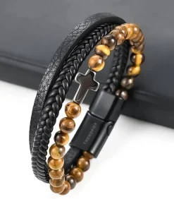 Armband Heren - Zwart Leer met Bruine Kralen en Zilver Kleurig Kruis