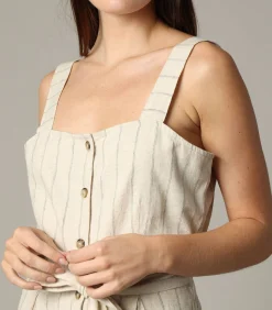 AYLA - Gestreepte linnen damesjumpsuit met knoopsluiting aan de voorkant