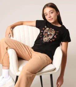 BESKULL - T-shirt van 100% katoen met doodshoofd- en vlinderprint
