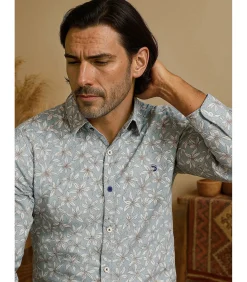 Blauw herenoverhemd met witte bloemen