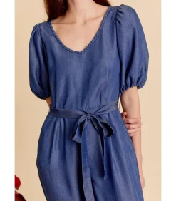 Blauwe jumpsuit met strik aan de taille en korte pofmouwen