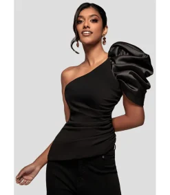 Blouse Met Korte Mouwen “One Shoulder Puffed Satin Sleeve Asymmetric Scuba Top”