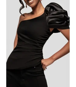 Blouse Met Korte Mouwen “One Shoulder Puffed Satin Sleeve Asymmetric Scuba Top”