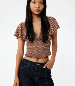 Bruine Korte Top Met V-Hals En Batwing Mouwen