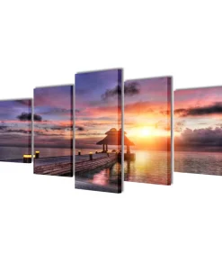 Canvas muurdruk set zandstrand met paviljoen 100 x 50 cm