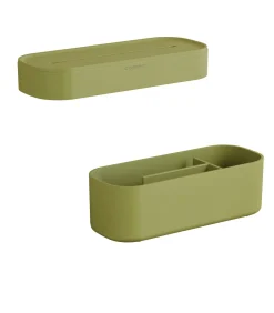 COSMIC ALIFE Plankpakket. Bevat een handdoekring en een opbergdoos met een minimalistisch en functioneel ontwerp. Set opbergaccessoires voor de Alife Guide. Lichtgroen.