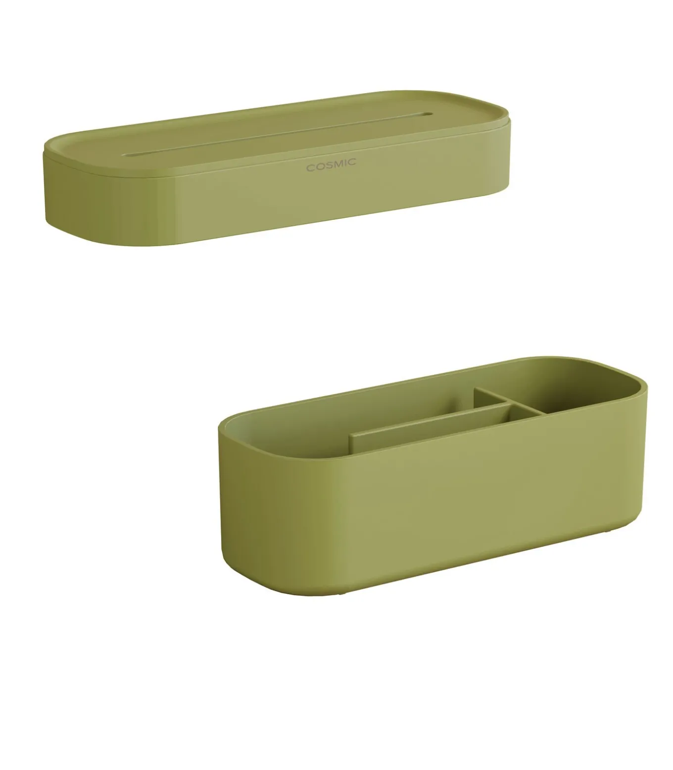 COSMIC ALIFE Plankpakket. Bevat een handdoekring en een opbergdoos met een minimalistisch en functioneel ontwerp. Set opbergaccessoires voor de Alife Guide. Lichtgroen.