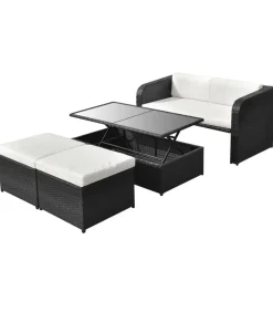 4-delige Loungeset met kussens poly rattan zwart