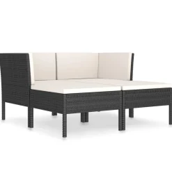 4-delige Loungeset met kussens poly rattan zwart