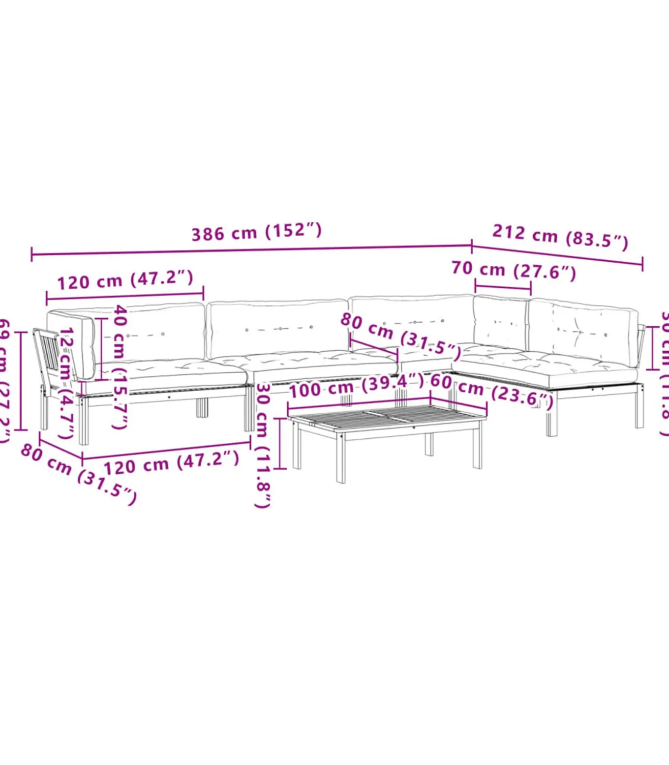 5-delige Loungeset pallet met kussens massief acaciahout