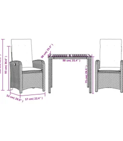 3-delige Tuinset met kussens poly rattan grijs