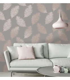 DUTCH WALLCOVERINGS Behang Fawning Feather grijs en roségoudkleurig