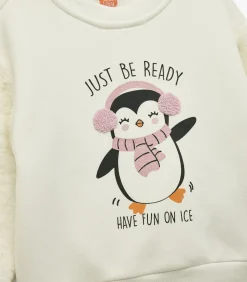 Ecru Meisjes Baby Sweatshirt met Pinguïnprint Lange Mouwen