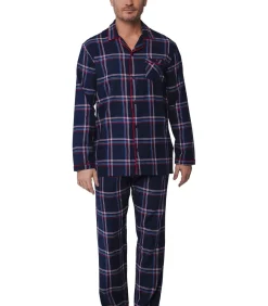 Flanellen Heren Pyjama met knoopsluiting - Donkerblauw - Maat S