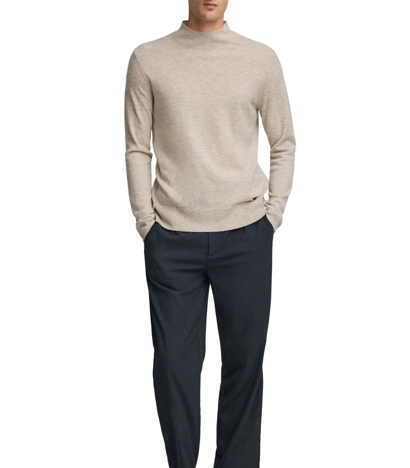 Gemêleerd beige trui van merinowol met Perkins-kraag