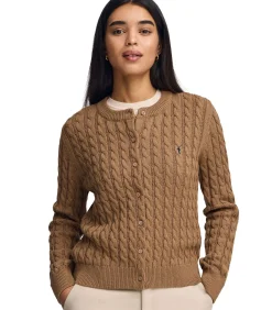 Gemêleerd camelkleurige kabelgebreide cardigan met geborduurd Rigby Go-logo