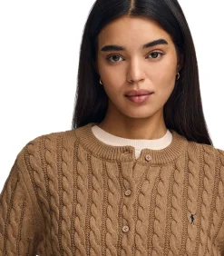 Gemêleerd camelkleurige kabelgebreide cardigan met geborduurd Rigby Go-logo