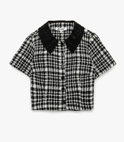 Geruit Crop Blouse Korte Mouwen met Bebe Kraag