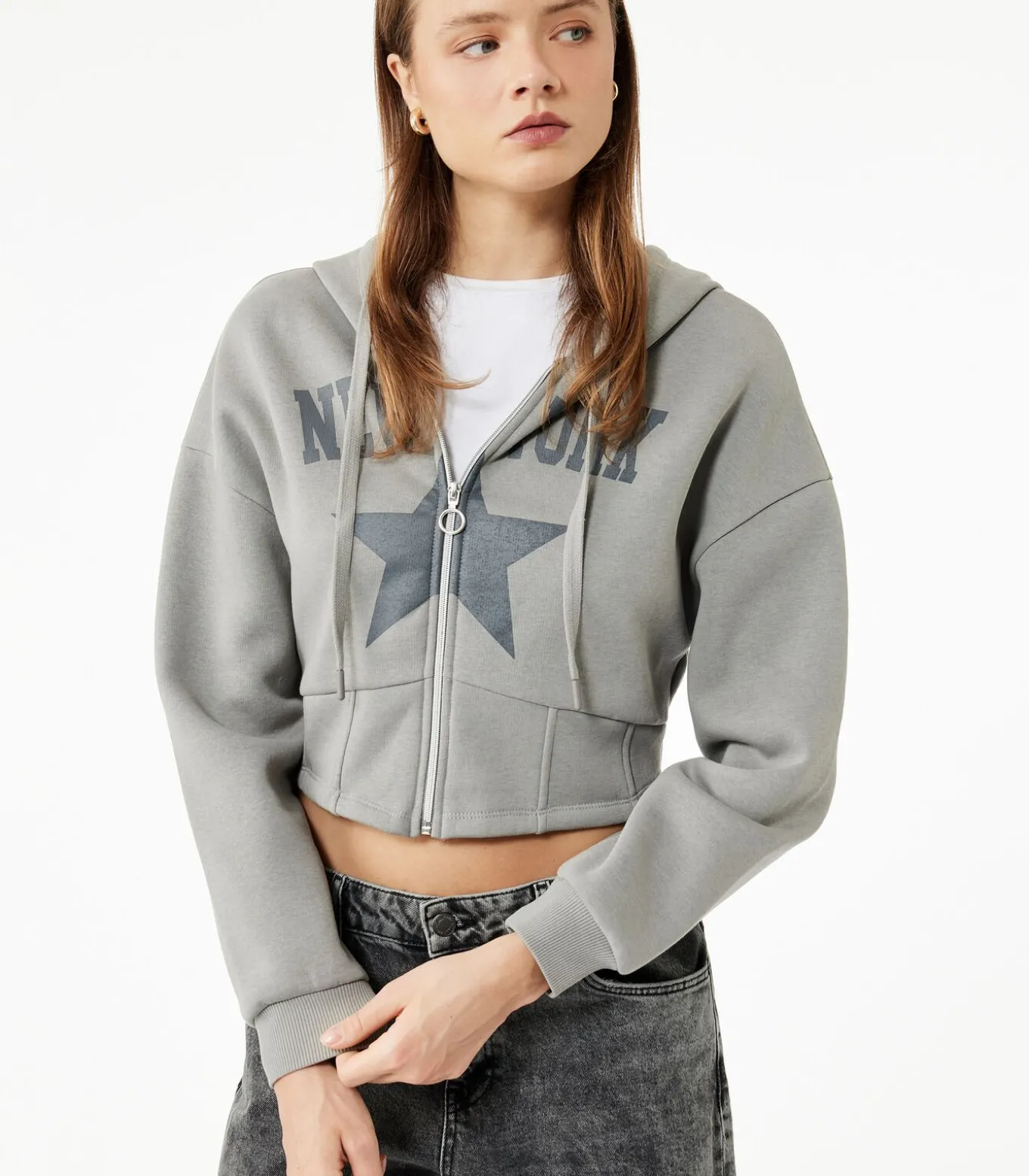 Grijs Crop Sweatshirt Kap Hoody Lang