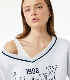 Grijze Oversized Sweatshirt V-hals Lange Mouwen