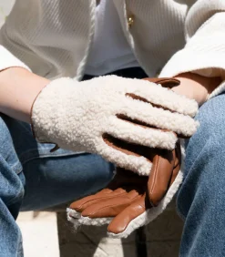 Handschoenen voor dames Warm leer Sherpa/Cognac