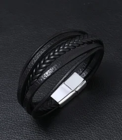 Heren Armband Leder - Zwart met Zilver Kleurige Sluiting