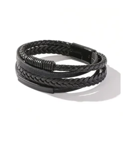 Heren Armband Leder - Zwart met Zwarte Accenten