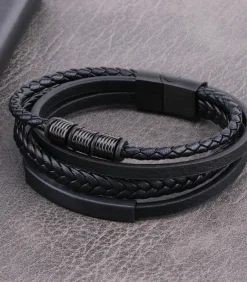 Heren Armband Leder - Zwart met Zwarte Accenten