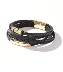 Heren Armband Leder - Zwart met Goud Kleurige Accenten