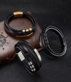 Heren Armband Leder - Zwart met Goud Kleurige Accenten