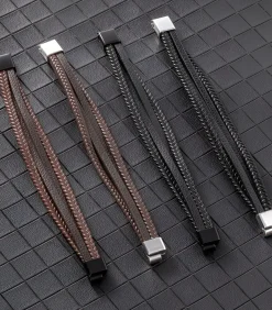 Heren Armband Leder met Dubbele Vlecht - Zwart met Zilver Kleurige Sluiting