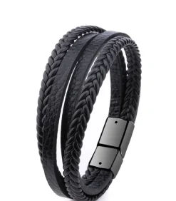 Heren Armband Leder met Dubbele Vlecht - Zwart met Zwarte Sluiting