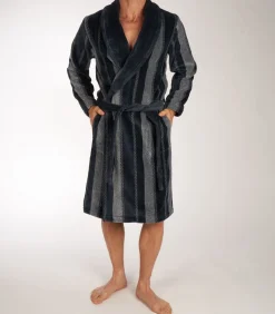 Heren badjas Velours - 115CM - Blue Stripe - Lange warme ochtendjas voor mannen