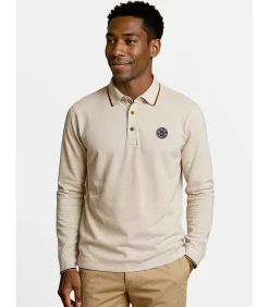 Heren poloshirt met lange mouwen in beige met patch