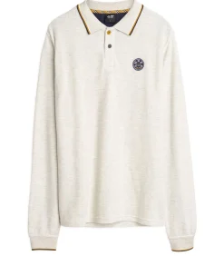 Heren poloshirt met lange mouwen in beige met patch