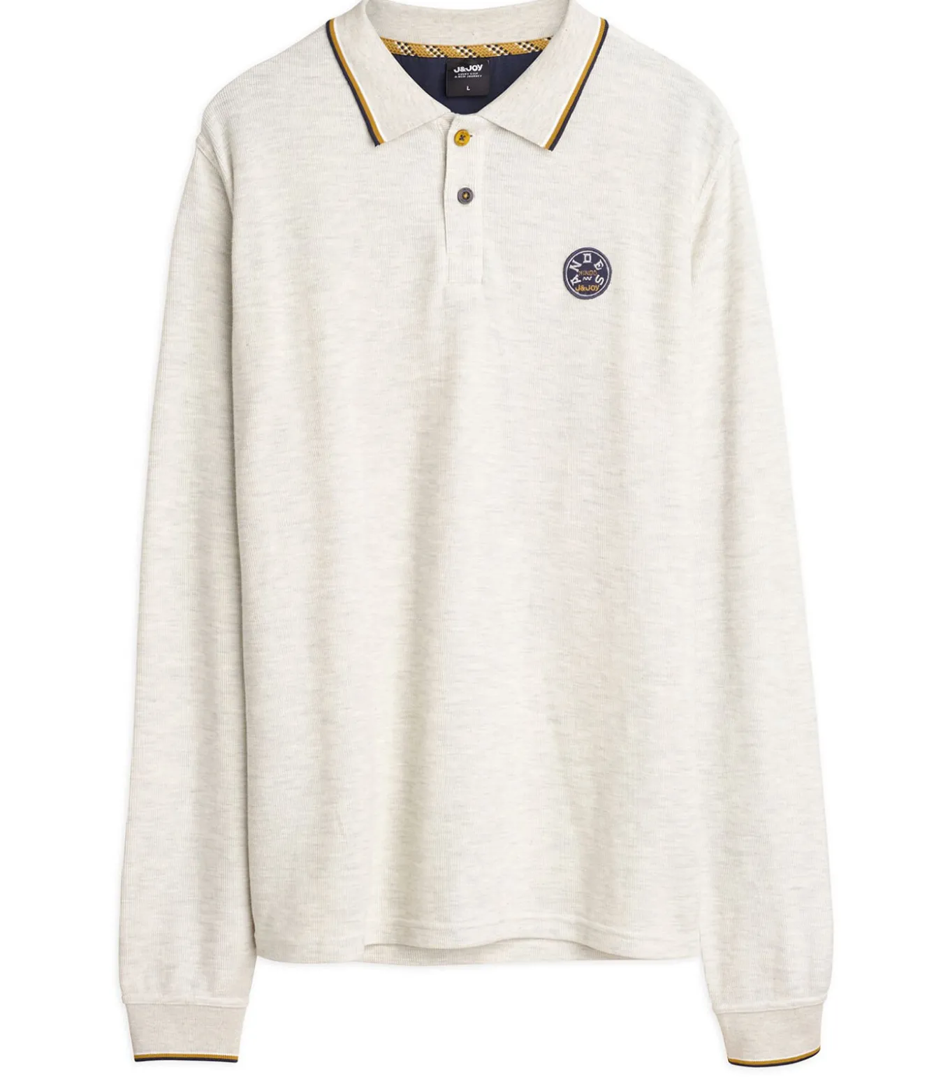 Heren poloshirt met lange mouwen in beige met patch