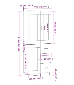 Hoge kast 69,5x34x180 cm bewerkt hout wit