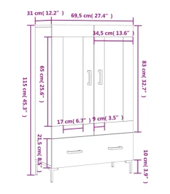 Hoge kast 69,5x31x115 cm bewerkt hout gerookt eikenkleurig