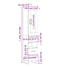 Hoge kast 34,5x34x180 cm bewerkt hout betongrijs