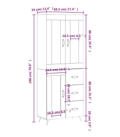 Hoge kast 69,5x34x180 cm bewerkt hout wit