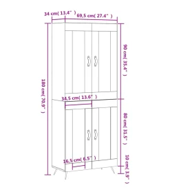 Hoge kast 69,5x34x180 cm bewerkt hout wit