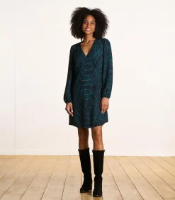 Korte jurk in blauw bedrukte Ecovero viscose