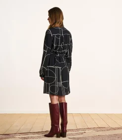 Korte jurk met ceintuur donkerblauw met print