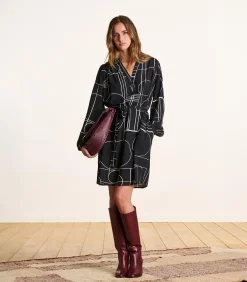 Korte jurk met ceintuur donkerblauw met print