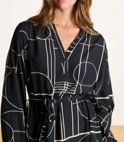 Korte jurk met ceintuur donkerblauw met print