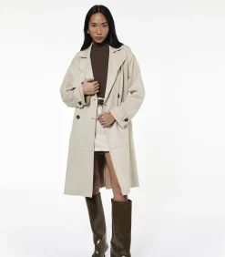 Lange Dames Trenchcoat Knoopsluiting Ceintuur Kunstsuède